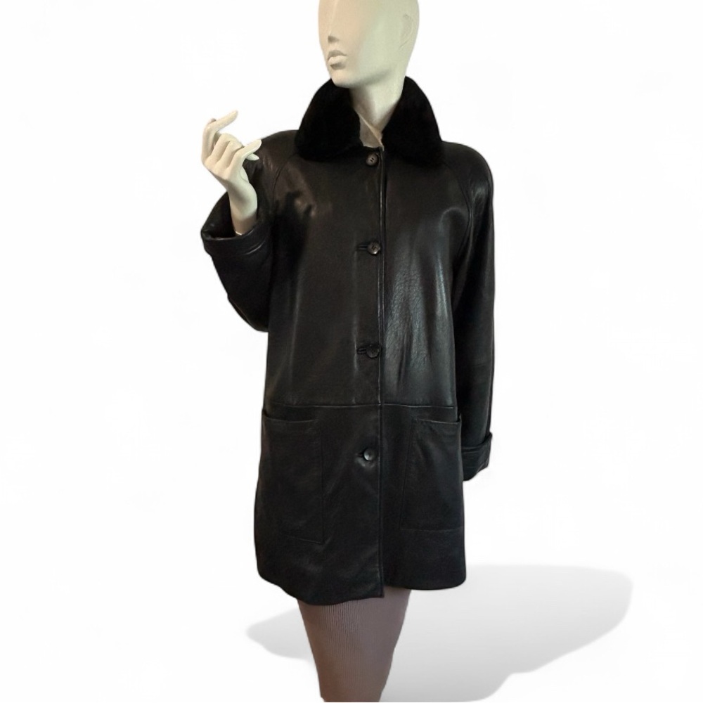 Classic Oversized Black Leather Car Coat With Zip-Out Lining